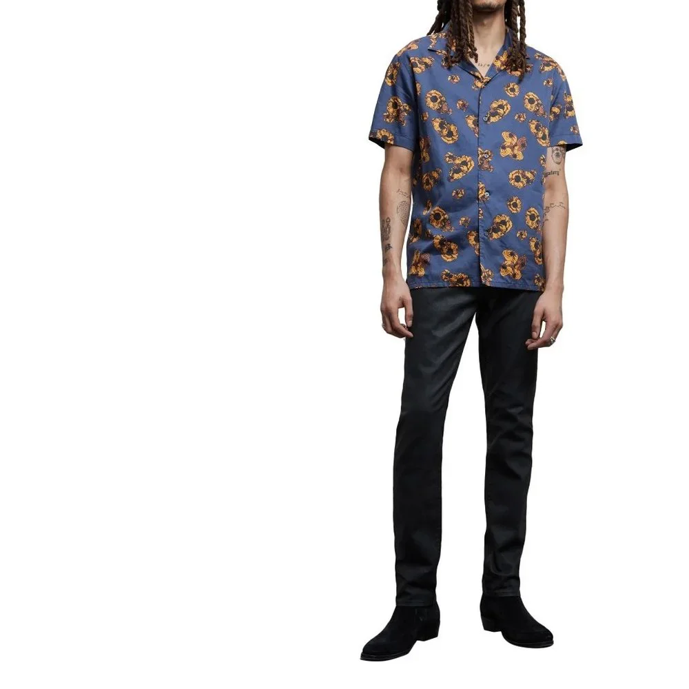 John Varvatos Men's Danny Bold Floral Print Cotton SS Button Camp Shirt Blue L - Picture 5 of 6